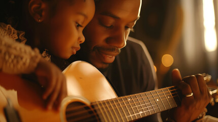 Father and young daughter playing guitar, teaching a young child to play guitar