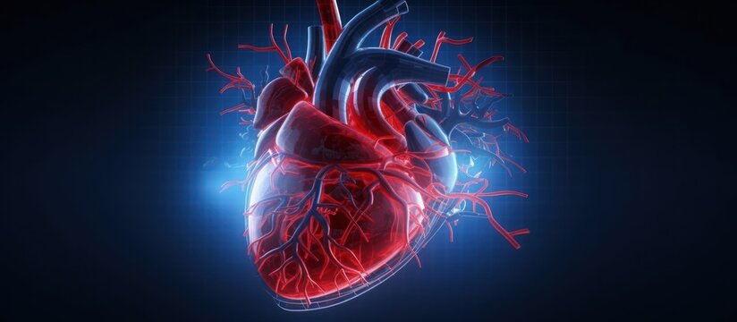 3d illustration of human heart with arteries on black background