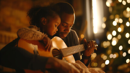 Father and young daughter playing guitar, teaching a young child to play guitar