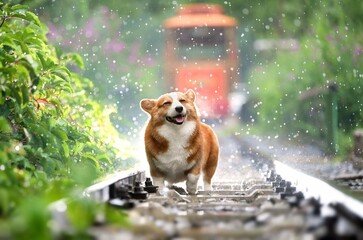 Imagine a scene where a dog dashes alongside a railroad track, its fur flying in the wind as its...