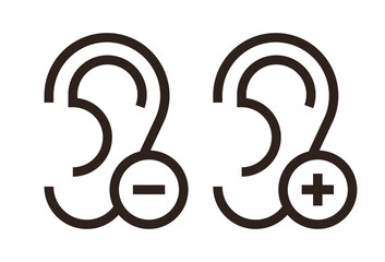 Ear with plus and minus symbol. Image of more or less volume - 746444574