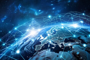 地球・世界とネットワークのイメージ（テクノロジー・データ通信・スマートシティ・ビッグデータ） - obrazy, fototapety, plakaty