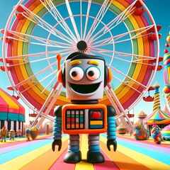Whimsical cartoon funny robot character with exaggerated features stands in front of a Ferris wheel in an amusement park, theme park, attractions. Playful joyful kids illustration