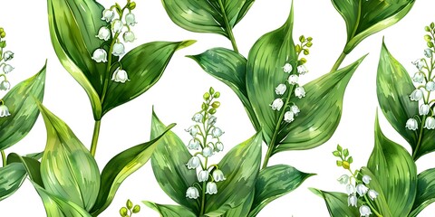 Watercolor pattern of beautiful lily of the valley on white, ideal for seamless background design. Concept Watercolor Art, Lily of the Valley, Seamless Design, White Background, Floral Pattern - obrazy, fototapety, plakaty