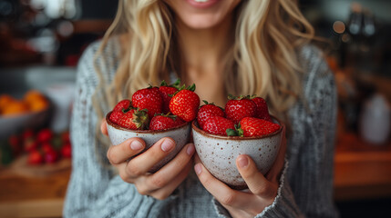 Cropped image of woman holding bowl with fresh strawberries in the kitchen