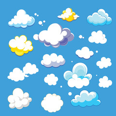 Cartoon white clouds icon set isolated on blue