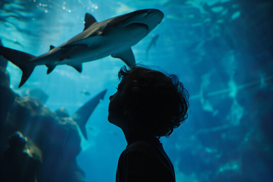 A small child looks at a shark in a large aquarium