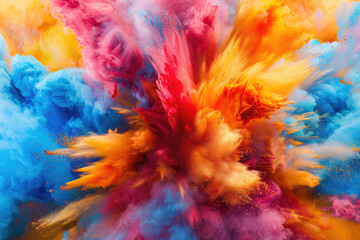 Abstract background, colorful powder explosions on dark background in red, yellow, blue, purple, orange colors