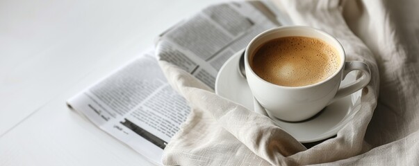 Coffee cup and newspaper on white blanket .