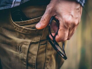 Misplacing Glasses - A person patting down their pockets and searching around, trying to find where they put their glasses.  - obrazy, fototapety, plakaty