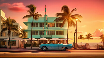 Artwork of high life in Miami Beach in 80s years - obrazy, fototapety, plakaty