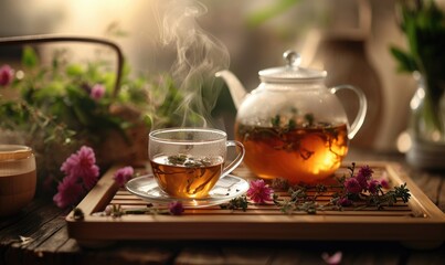 Cup of hot tea and wild flowers - obrazy, fototapety, plakaty