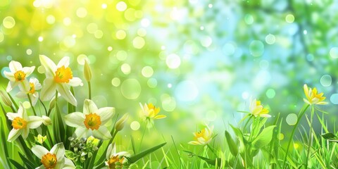 Fototapeta na wymiar spring meadow with flowers sun shining copy space 