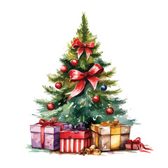 Fototapeta na wymiar Watercolor Christmas Gift with christas tree Clipart