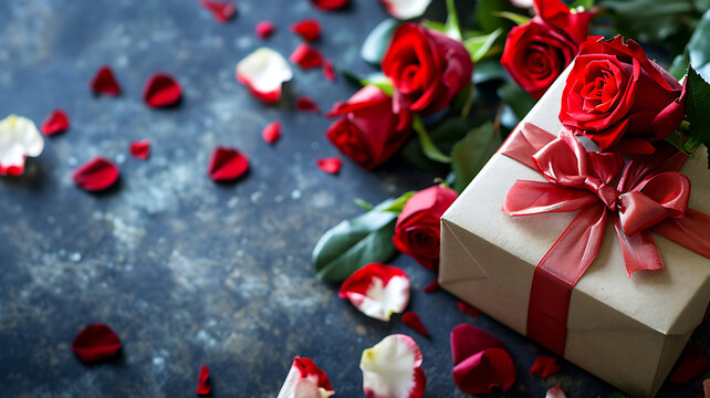 valentine's day concept made from red rose and gift box on wooden background