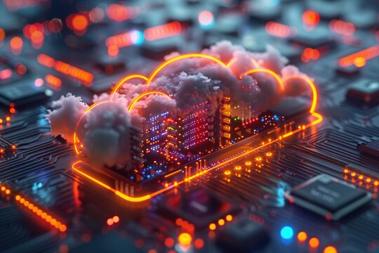 Seamless cloud integration: connecting computer to server for online storage, utilizing cloud technology for computing, and linking devices to data center, including tablets, phones, and home devices.