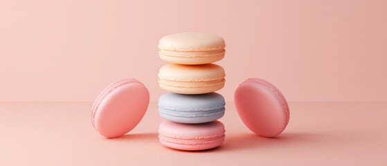 Close up of colorful macaroons with decorations on pastel background .Pastry food mockup.Minimal. Generative ai