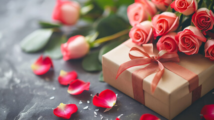 valentine's day concept made from red rose and gift box on wooden background