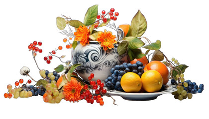 a vase with fruit and flowers on it png / transparent