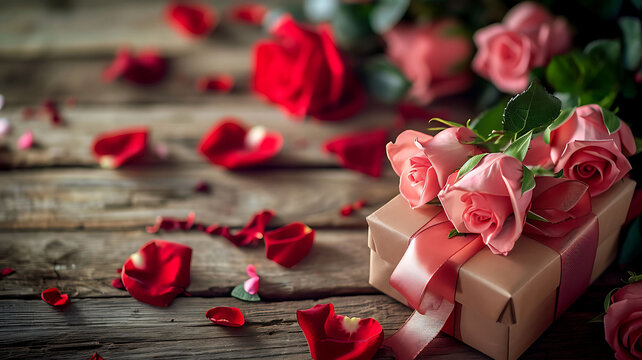 valentine's day concept made from red rose and gift box on wooden background