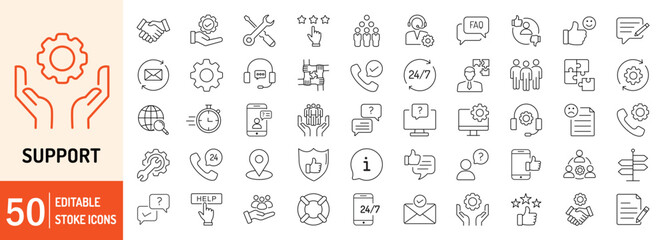 Support editable stroke outline icons set. Support, help, response, assist, technical, communication, faq and information. Vector illustration - obrazy, fototapety, plakaty