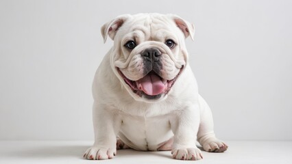 Fototapeta premium Portrait of White english bulldog on grey background