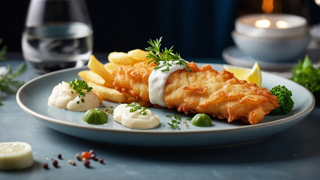 food photograph featuring classical fish and chips crafted in molecular kitchen style, beautifully decorated with intricate details.