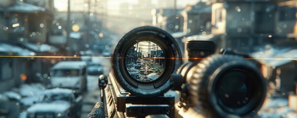 Fototapeta premium Close-up action of a first-person shooter game, enemy in the crosshair, tension-filled moment