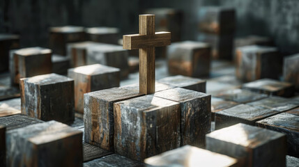 Dramatic shadows cast by a wooden cross on abstract wooden blocks, artistic contrast
