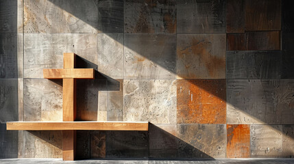Dramatic shadows cast by a wooden cross on abstract wooden blocks, artistic contrast