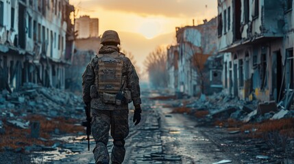 Dynamic wide banner of a soldier navigating through a war-torn urban environment, space for your message