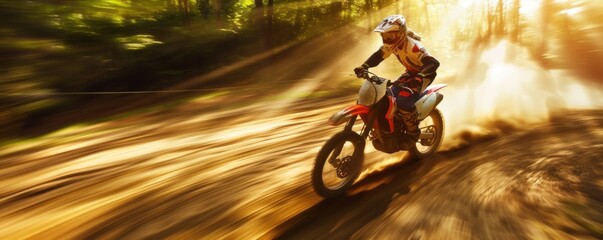 Biker in motion blur with forest blured in background.