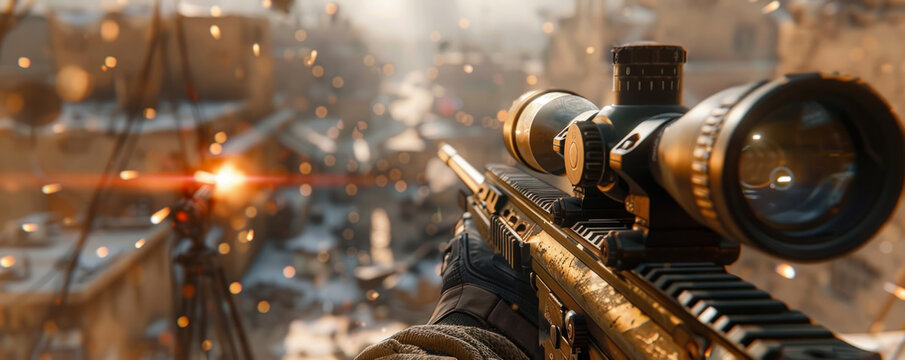 Close-up action of a first-person shooter game, enemy in the crosshair, tension-filled moment