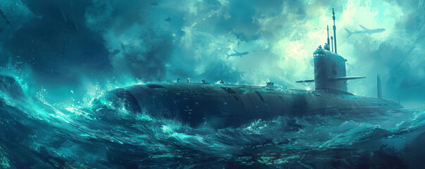 Underwater A nuclear submarine cuts through the ocean, wide banner format for strategic messages