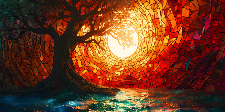 A painting of a tree with the sun shining on it. Majestic Tree of Life A Magical Display of Sparkles and Lights 
