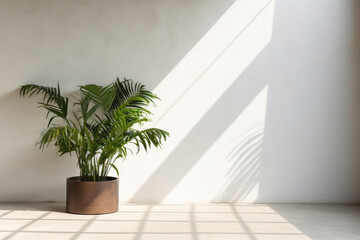 Fototapeta na wymiar Empty room houseplants. Flowerpot on wood floor near white wall. Shadow of tropical leaves. Terracotta pot