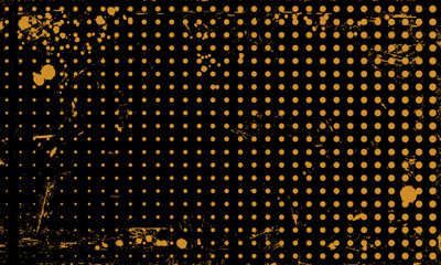 Dark Grunge Gritty Vector Halftone Pattern Yellow Dots on Black Background Distressed Spilled Ink Frame Design