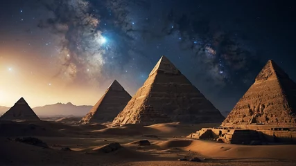 Foto op Canvas Immerse yourself in the rich culture and history of Ancient Egypt as you witness the grandeur and beauty of the pyramids and a splendid starry night sky with the cosmic universe.   © PixelBook