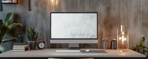 Blank screen desktop computer on white table with green plants on sides