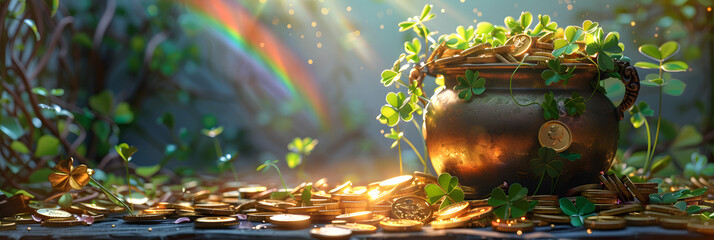 St. Patrick's Day background with shamrocks leaves and pot of gold. Pot of gold coins and clover leaves. St.Patrick's Day - obrazy, fototapety, plakaty