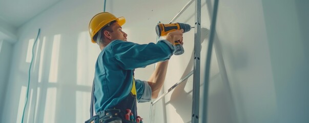 Worker with helmet drilling a hold into white wall in apartment - obrazy, fototapety, plakaty