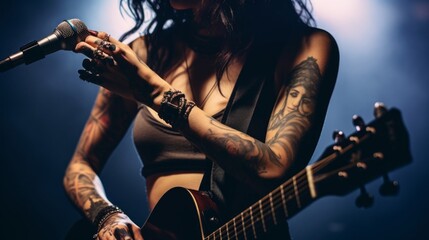 Singer's hand gripping microphone stand