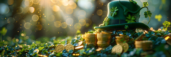 St. Patrick's Day banner with clover leaves and leprechaun hat, gold coins on green background.