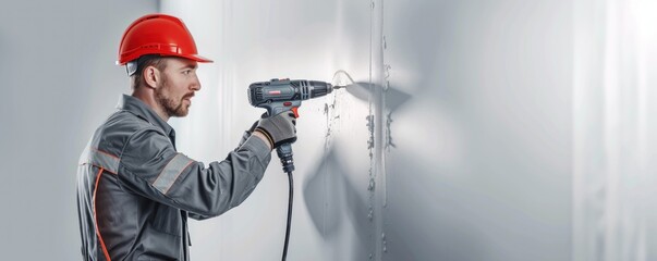 Worker with helmet drilling a hold into white wall in apartment - obrazy, fototapety, plakaty