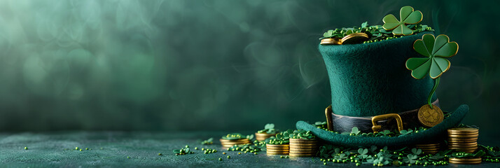 St. Patrick's Day banner with leprechaun hat, clover leaves and gold coins on green background with copy space - obrazy, fototapety, plakaty
