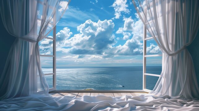 Large open window with silk curtain waving in the breeze, revealing a fantastic ocean view. Photorealistic.