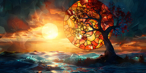Obraz na płótnie Canvas Painting of a tree with a sun in the background, Fantasy tree of life illustration background 