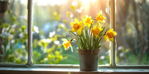 Vase of flower on the wooden table with copy space sun shining, spring cleaning concept 