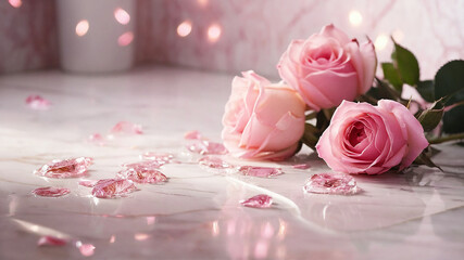pink whispers of a sparkling tale of fresh soft renewal filled with pink roses caressed by ambient soft sunlight the floor is pink reflective marble

