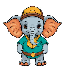 A cute funny baby elephant in a t-shirt with a cap on his head is standing with his ears spread. Vector isolated illustration on white background